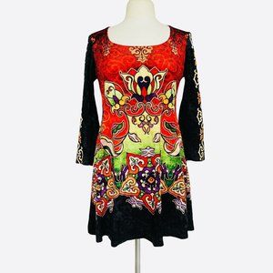 AMMA DESIGN Women’s Size S Black Graphic 3/4 Sleeves Scoop Neck Shift Dress